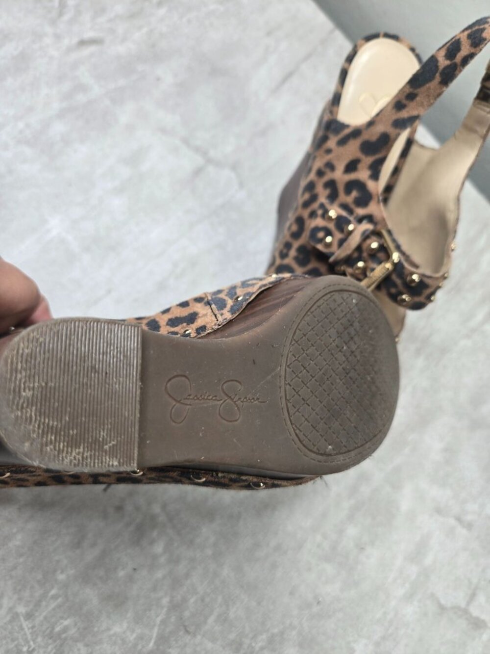 Platform Wedge Sandals 8.5 Leopard Print Peep Toe Studded Buckle Y2k Retro Glam - Picture 11 of 12